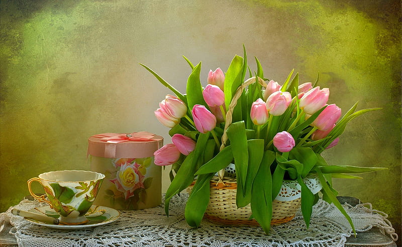 Tea and Tulips, table, present, ribbon, box, bow, gift, still life, doilies, basket, cup, tulips, HD wallpaper