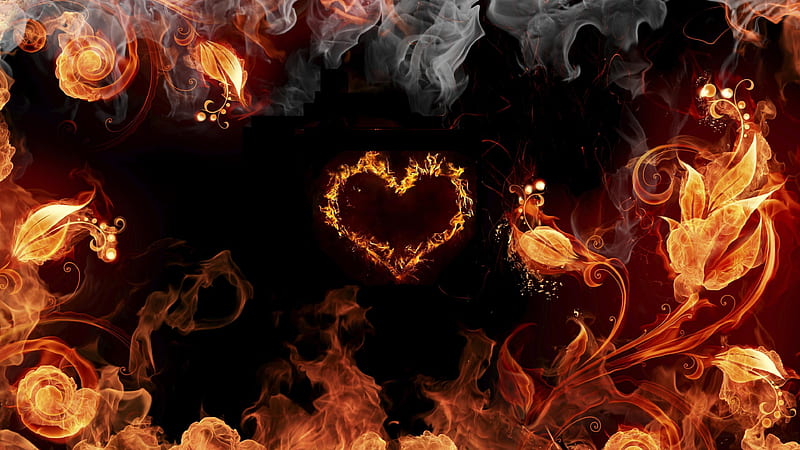 Fire Flower Burning Heart , red, fire, flame, flaming, fire flower burning heart, fire flower, burning heart, flame flowers, HD wallpaper