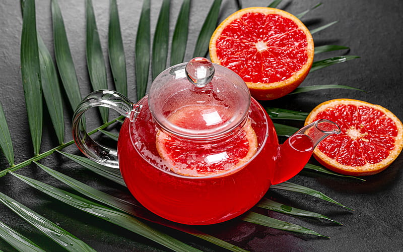 grapefruit tea, red tea, tea concepts, teapot, grapefruit, citrus tea, HD wallpaper