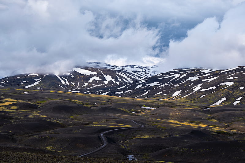 mountains, clouds, fog, snow, road, iceland, HD wallpaper