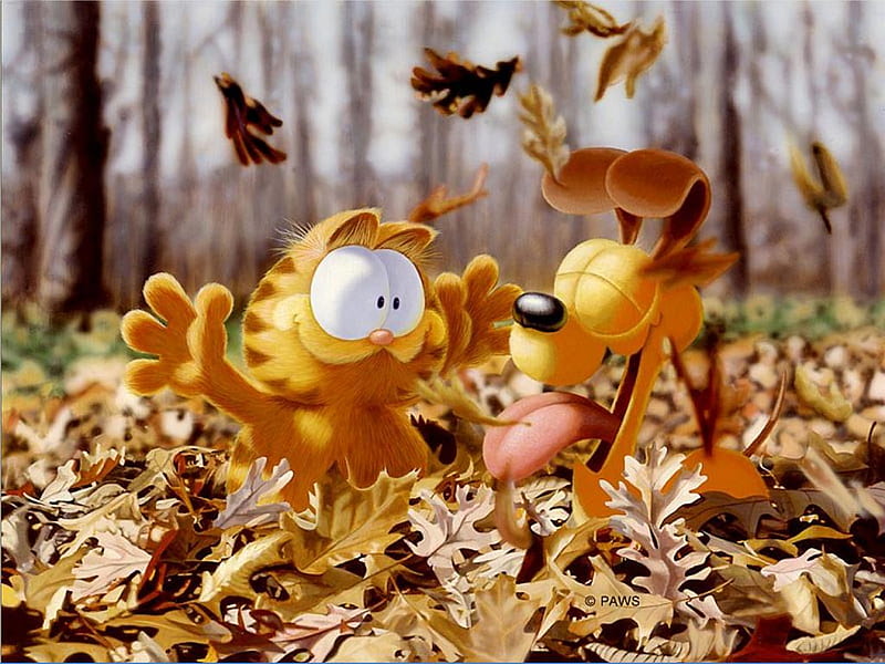 Autumn Fun Time, fall, autumn, leaves, entertainment, garfield, oddie, HD wallpaper