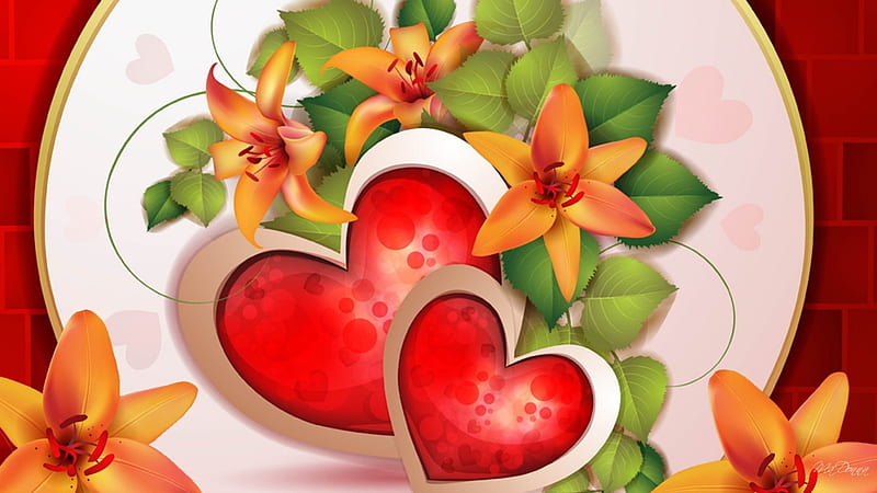 Lilies Flor Valentines, valentines day, February, romance, love, bright, flowers, lilies, corazones, HD wallpaper