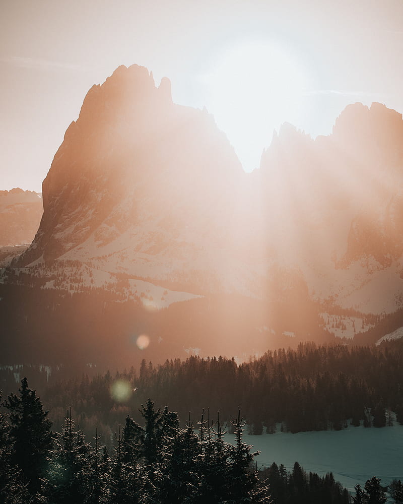 mountains, sunlight, dawn, landscape, flare, HD phone wallpaper