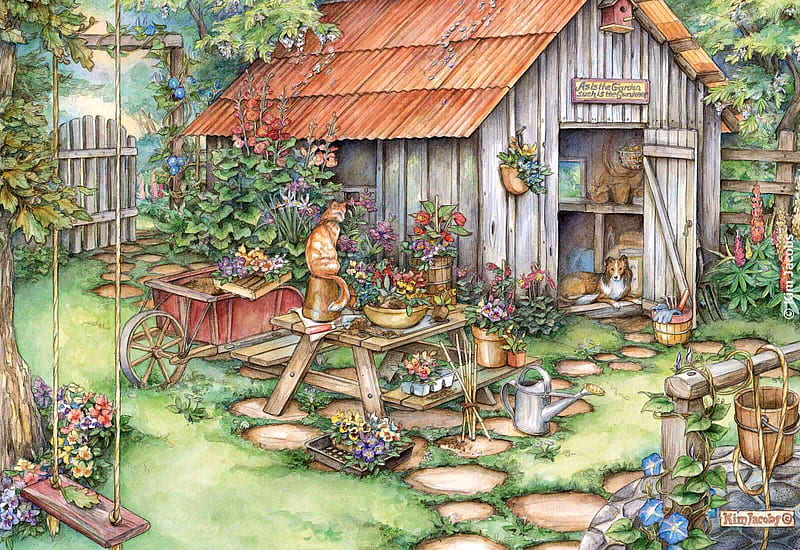 Do not forget the gardeners - Kim Jacobs, art, grass, cat, door, painting, colie, garden, kitten, cutekim jacobs, puppy, dog, HD wallpaper