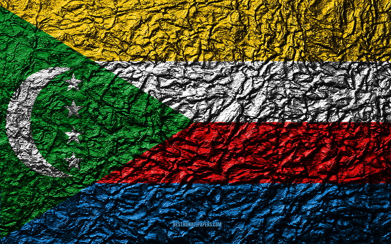 Flag of Comoros stone texture, waves texture, Comoros flag, national symbol, Comoros, Africa, stone background, HD wallpaper