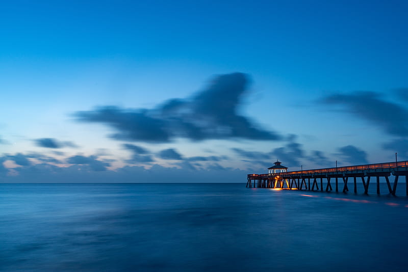 pier, sea, dusk, water, clouds, HD wallpaper