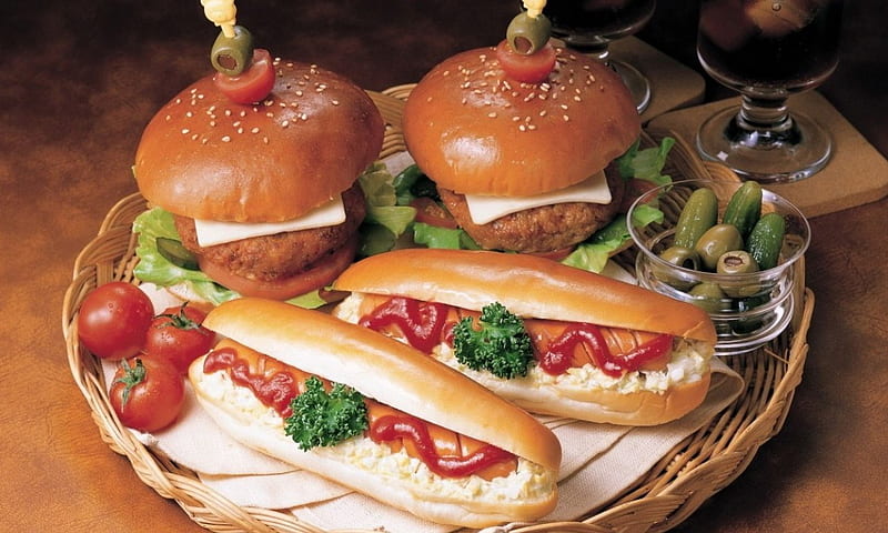 Food, hotdog, burger, bun, HD wallpaper