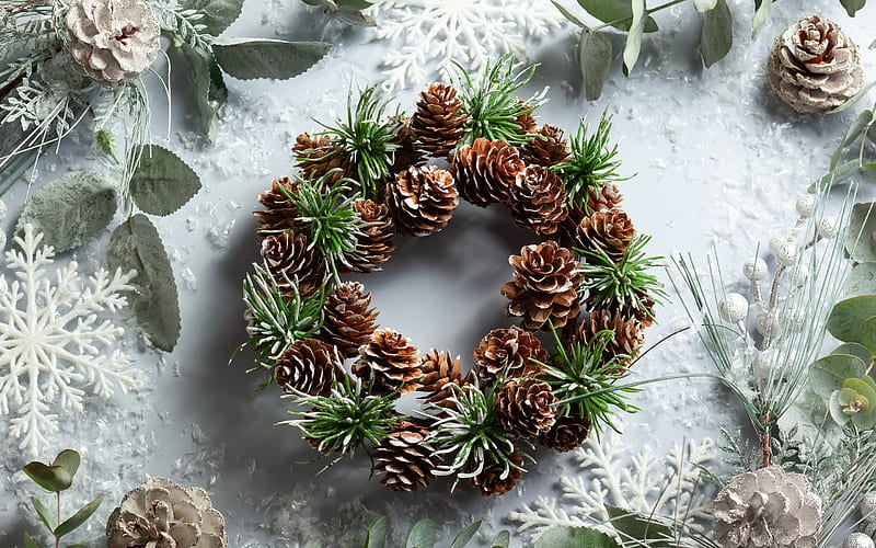 Christmas wreath, New Year, Merry Christmas, white background, wreath of cones, white snowflakes, HD wallpaper