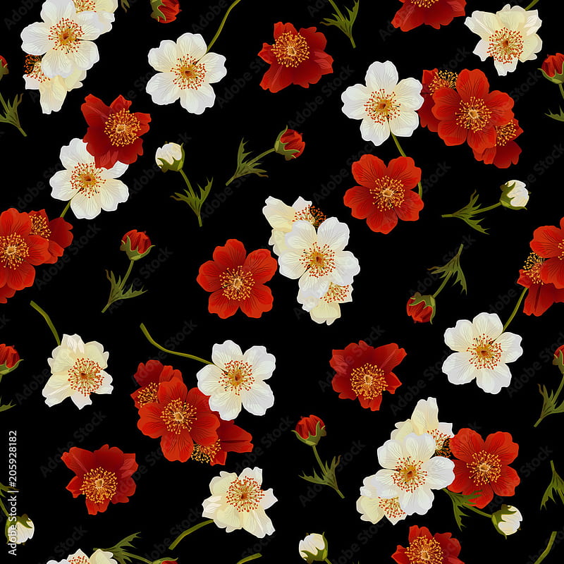 Vector seamless pattern with red and white flowers on black. Modern floral  pattern for textile, HD phone wallpaper | Peakpx