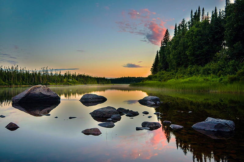 Cree Nation of Waswanipi in Northern Québec, reflections, canada, stones, water, sunset, sky, HD wallpaper