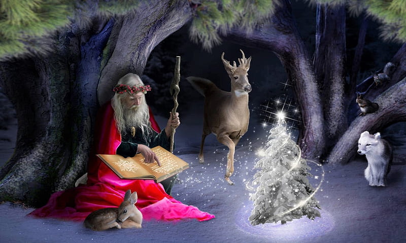 Magical Christmas, fantasy, christmas tree, snow, christmas, magical, deer, old man, winter, cave, HD wallpaper