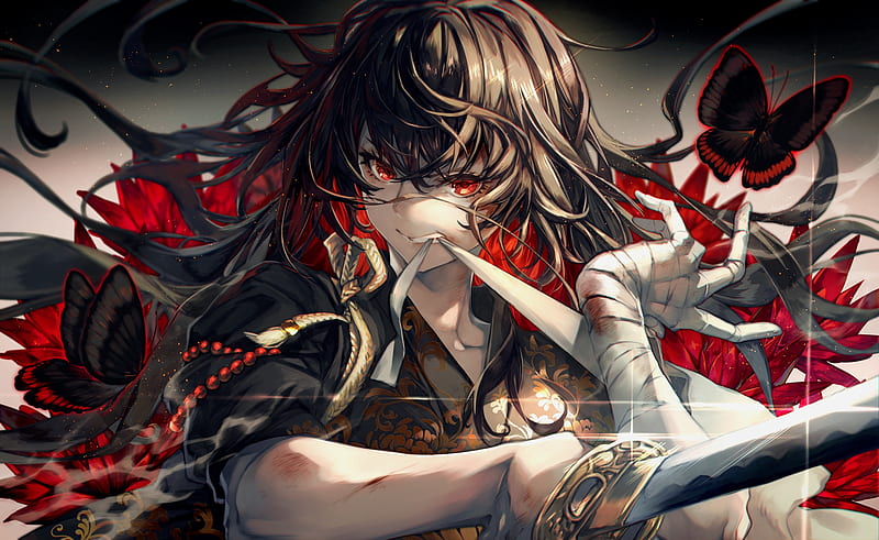 anime boy, long hair, shoujo, red eyes, bandage, Anime, HD wallpaper