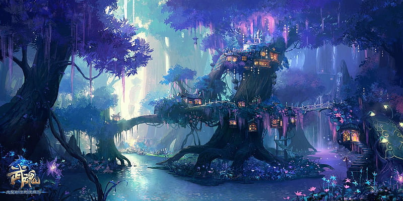 Fantasy world, forest, fantasy, tree, frumusete, purple, luminos, village, blue, HD wallpaper