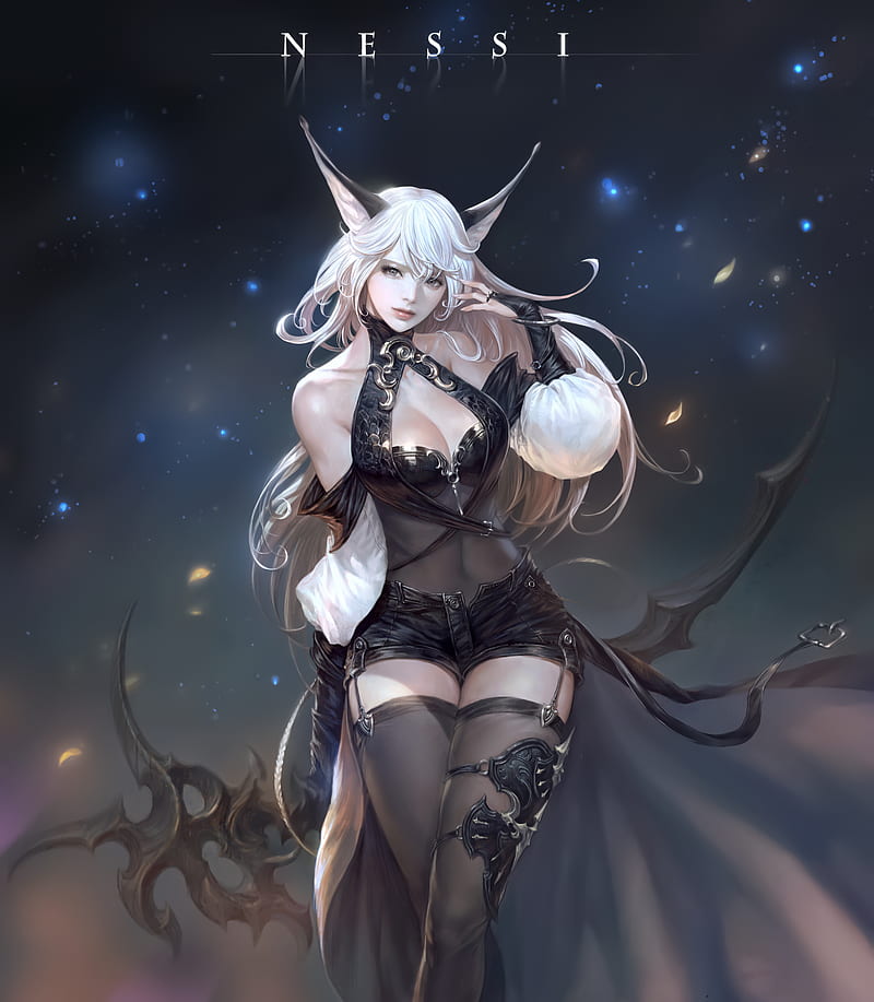 Nessi, drawing, women, animal ears, silver hair, long hair, looking at viewer, dress, black clothing, weapon, stars, HD phone wallpaper