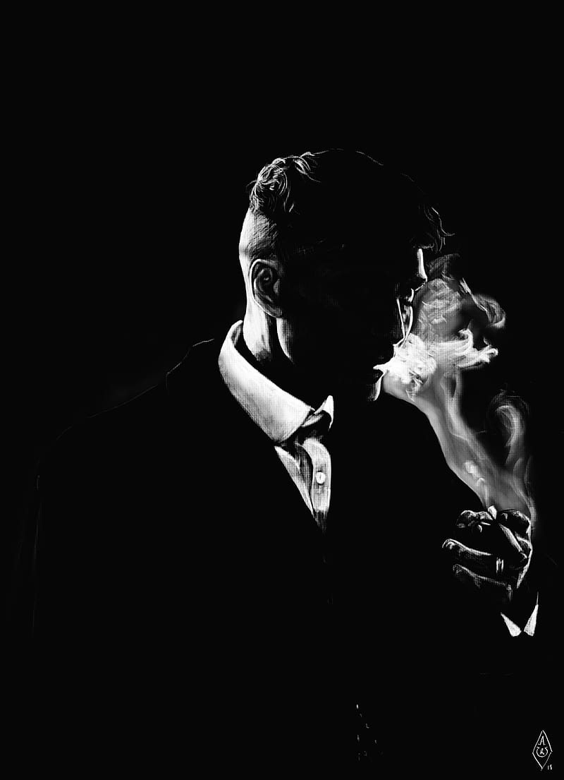 Smoking Tommy Shelby, black, black and white, film, movie, peaky blinders, thomas shelby, white, HD phone wallpaper