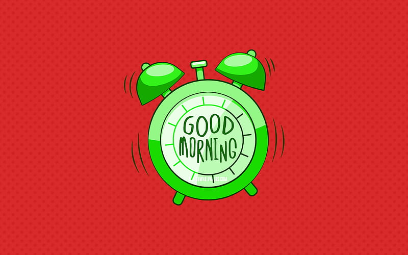 Good Morning, green alarm clock red dotted backgrounds, creative, good morning concepts, minimalism, HD wallpaper