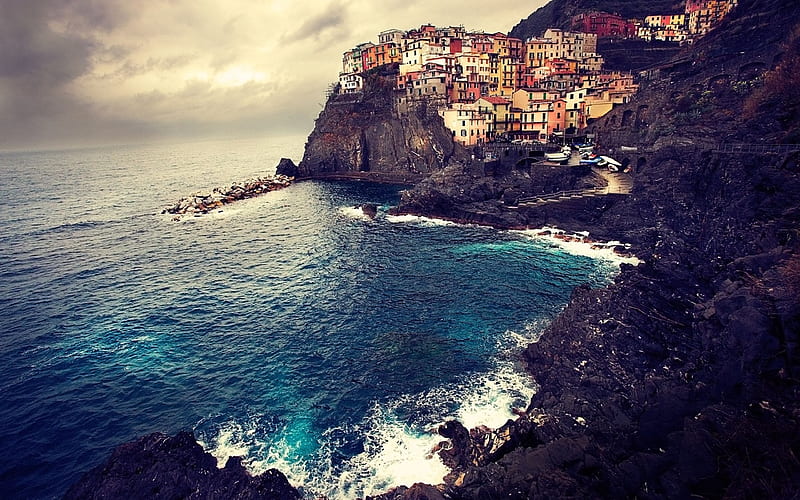 Manarola, Italy, Sea, coast, rocks, Mediterranean Sea, HD wallpaper