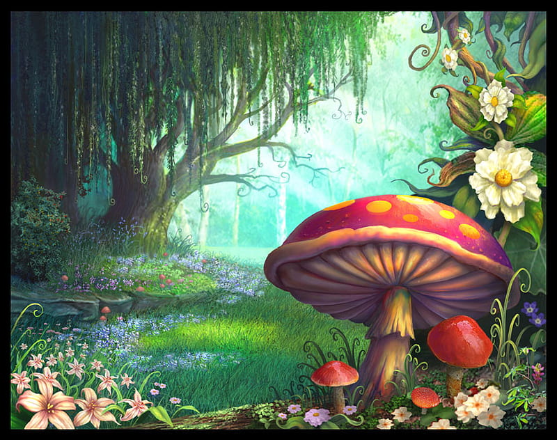 THE ENCHANTED FOREST, forest, tree, willow, mushroom, flowers, HD wallpaper