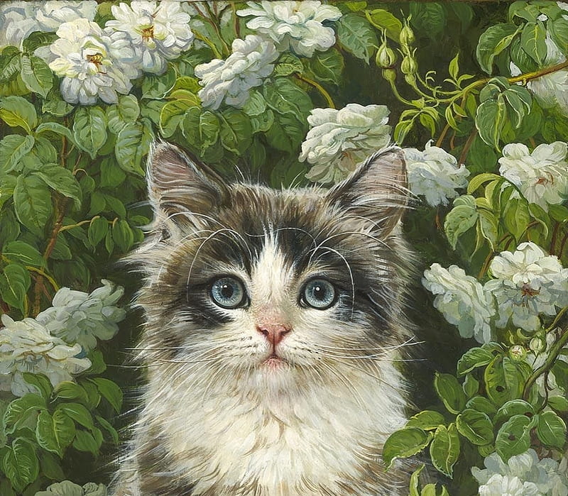 Cat, art, green, yana movchan, flower, painting, white, pisici, pictura, HD wallpaper