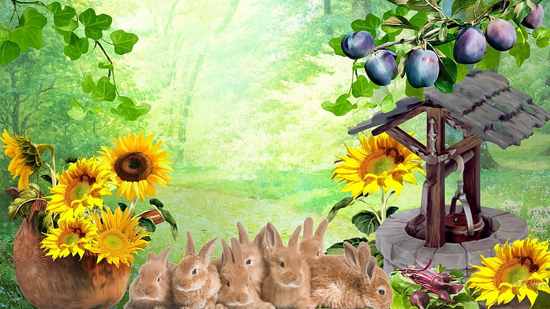 Bunny Retreat, fall, autumn, grass, prunes, wishng well, tree, sunflowers, summer, beets, rabbits, flowers, bunnies, ivy, plums, HD wallpaper
