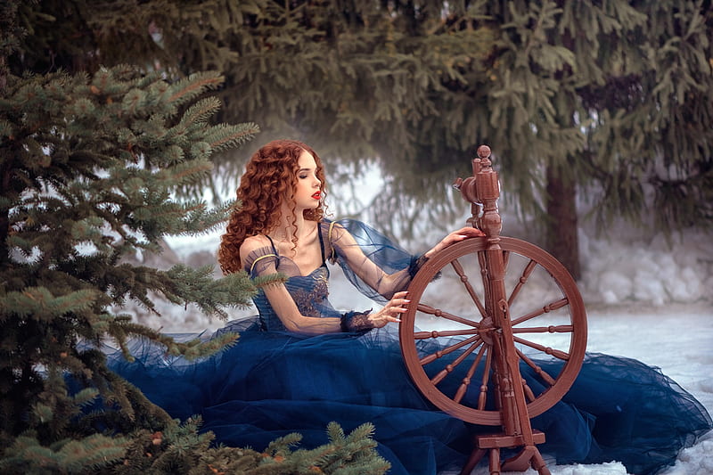 Gorgeous Red Head in a Blue Dress, snow, redhead, model, dress, spinning wheel, trees, HD wallpaper