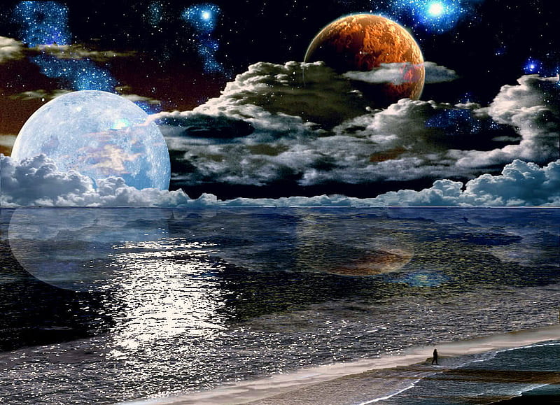 A Fantasy World, beach, planets, moon, space, dark, waves, sea, night, HD wallpaper
