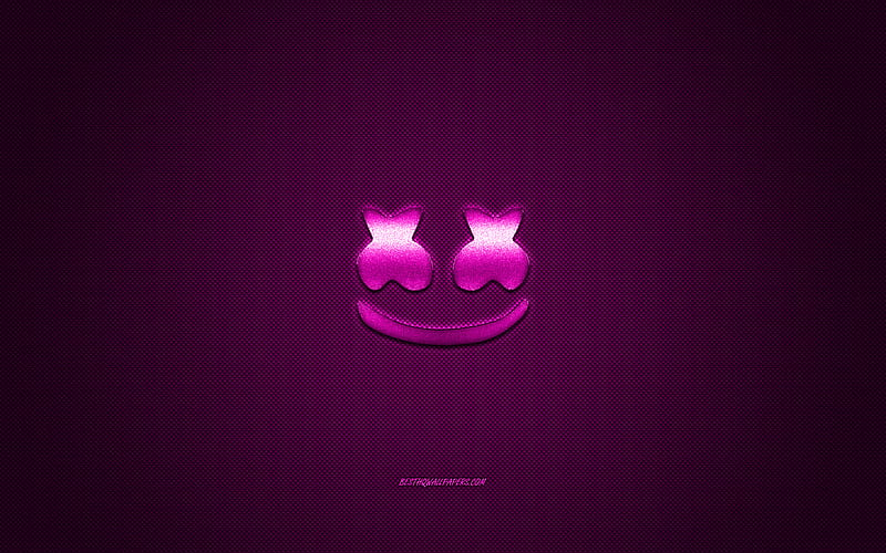 Marshmello logo, purple shiny logo, Marshmello metal emblem, American DJ, Christopher Comstock, purple carbon fiber texture, Marshmello, brands, creative art, HD wallpaper