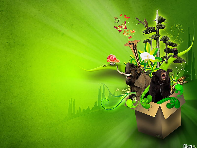 Music In Green Jungle !!!, 3d-art, green, music, background, abstract,  animal, HD wallpaper | Peakpx