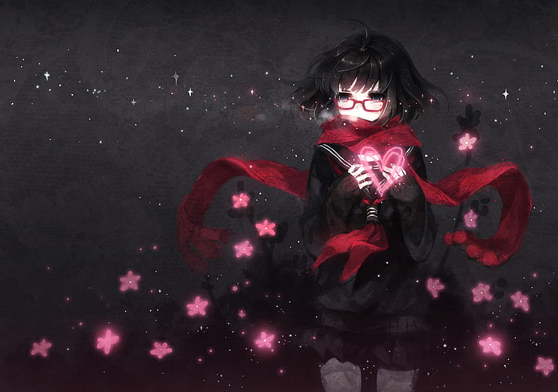 Heart, female, glow, glasses, alone, girl, anime, flowers, scarf, HD  wallpaper | Peakpx