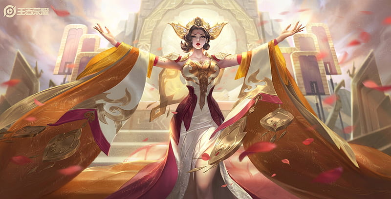 Empress Wu, luishi xu, wu, fantasy, girl, yellow, empress, petals, HD wallpaper