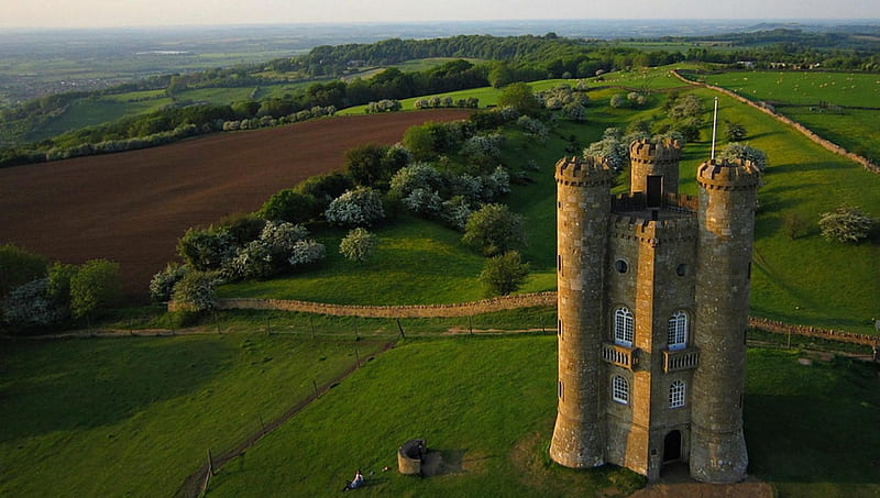 broadway tower in worcestershire england countryside, ancient, grass, tower, fields, trees, folly, HD wallpaper