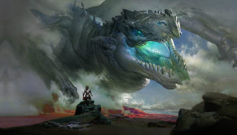 Elder Dragon, man, dragon, ruan jia, art, fantasy, luminos, HD wallpaper