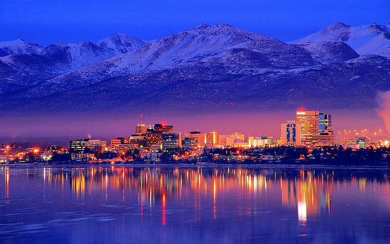 Anchorage, evening, sunset, Alaska, winter, Anchorage cityscape, Anchorage skyline, USA, HD wallpaper