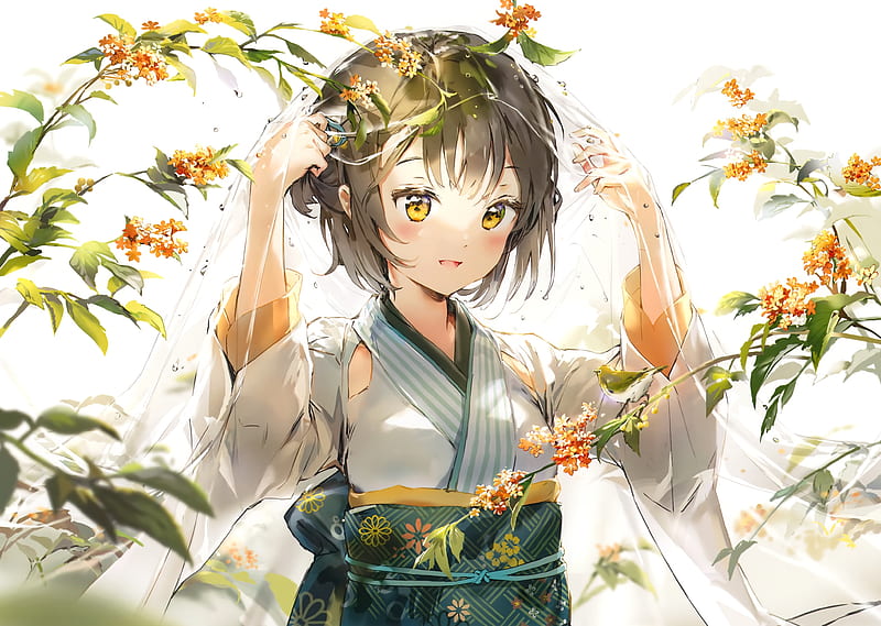 anime girl, japanese clothes, orange flowers, short hair, smiling, Anime, HD wallpaper