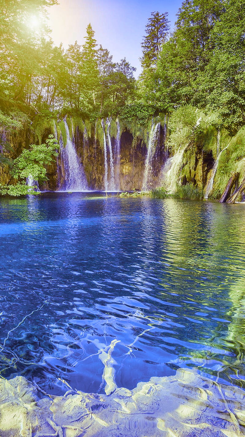 Waterfall, bonito, falls, lake, nature, trees, water, HD phone wallpaper