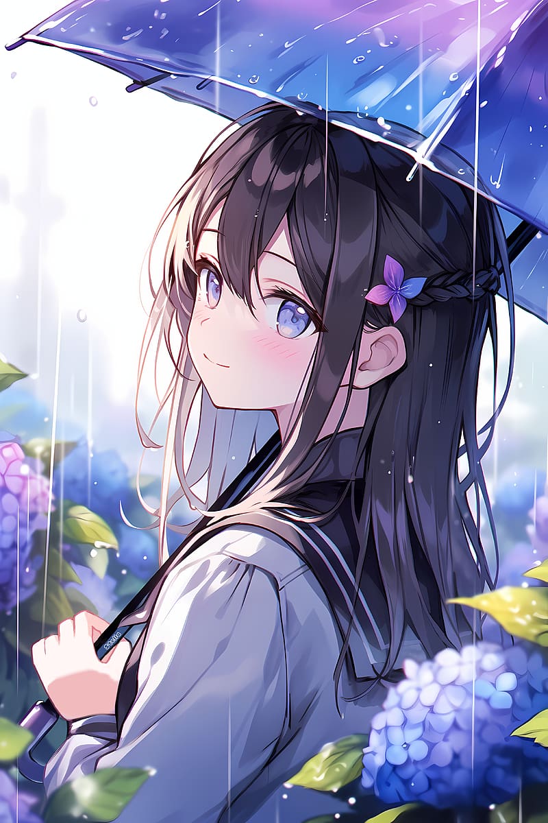 Girl, smile, umbrella, rain, flowers, anime, HD phone wallpaper | Peakpx