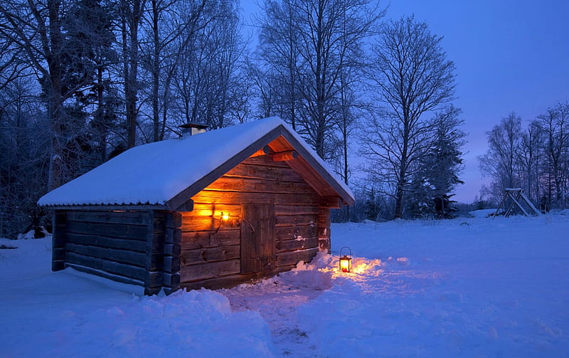 Wooden winter house, forest, house, lantern, cottage, dusk, bonito, cabin, trees, log cabin, winter, snow, evening, wooden, light, night, HD wallpaper