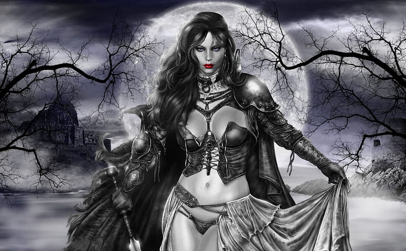 Gothic Woman, female, black and white, black, woman, goth, fantasy, moon, white, night, HD wallpaper