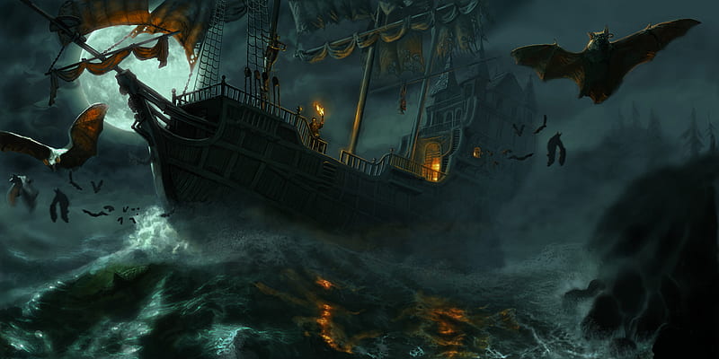 haunted ship, bats, halloween, sky, sea, moon, water, spooky, ship, gothic, dark, scary, HD wallpaper