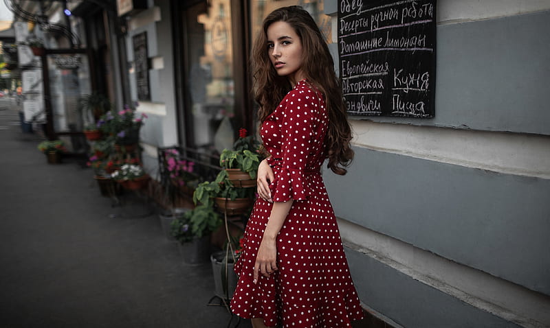 Cute Girl Outdoors In Red Dotted Skirt Dress, girls, model, outdoors, HD wallpaper