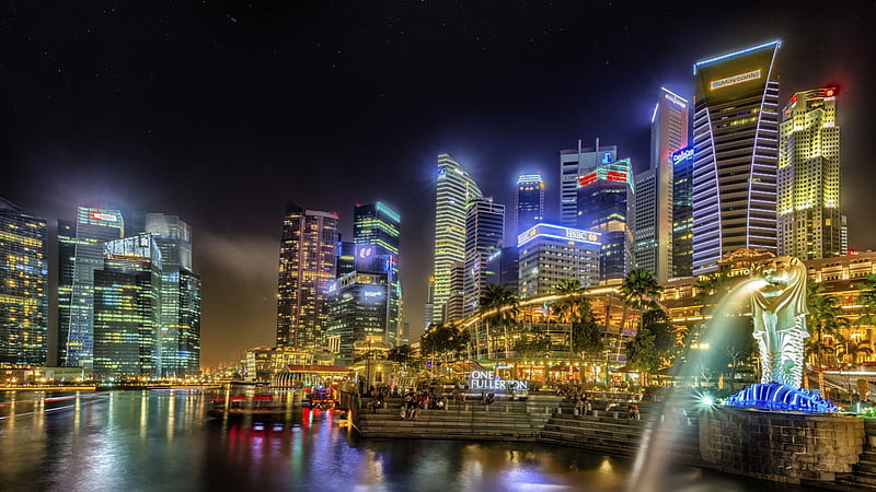 gorgeous singapore harbor at night r, fountain, city, r, harbor, night, light, skyscrapers, HD wallpaper