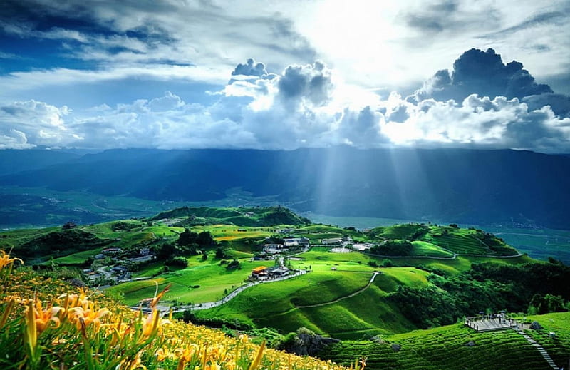 Beautiful landscape in Taiwan, GREEN, Taiwan, FLOWERS, SKY, landscape, HD wallpaper