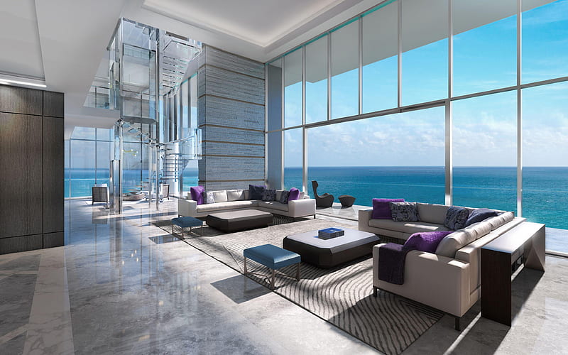 luxury apartment, modern interior, living room, two-storey apartment, minimalism, modern design, HD wallpaper