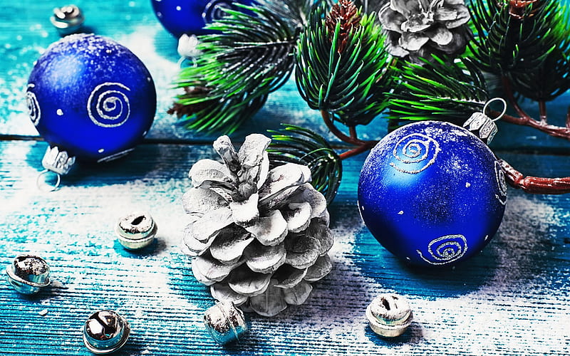 blue balls, fir branches, R, Christmas, Xmas decoration, bumps, Merry Christmas, silver decorations, Happy New year, HD wallpaper