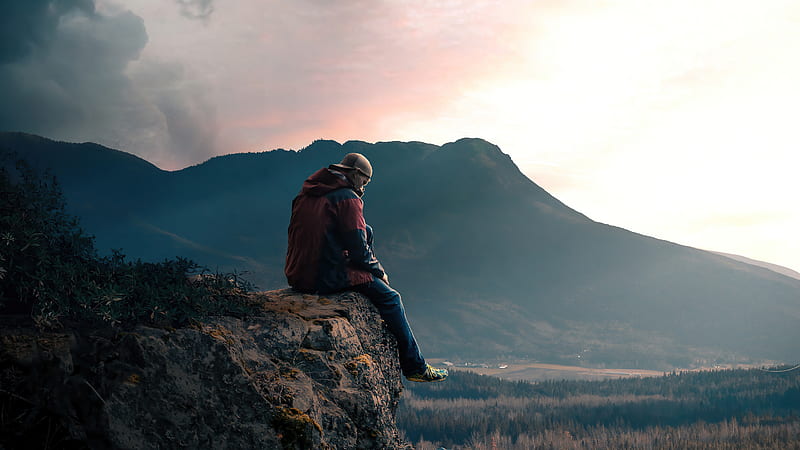 Boy Sitting Alone On High Mountain Rock , alone, graphy, mountains, HD wallpaper