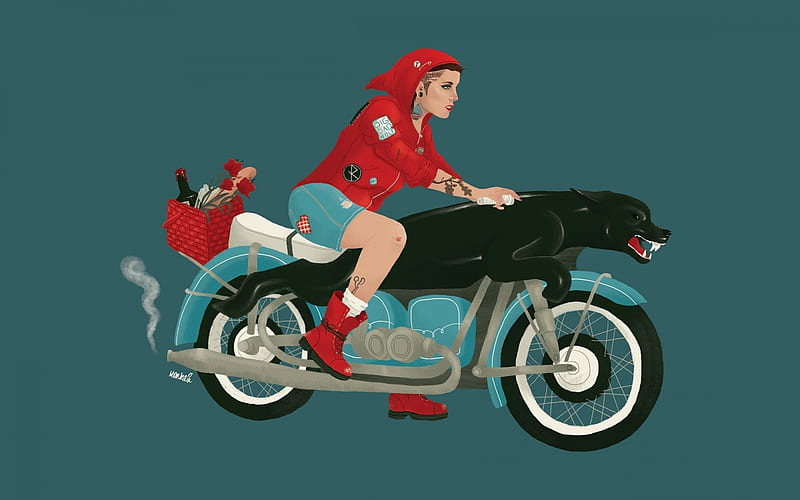 :-), vector, blue, motorcycle, red, fantasy, girl, HD wallpaper