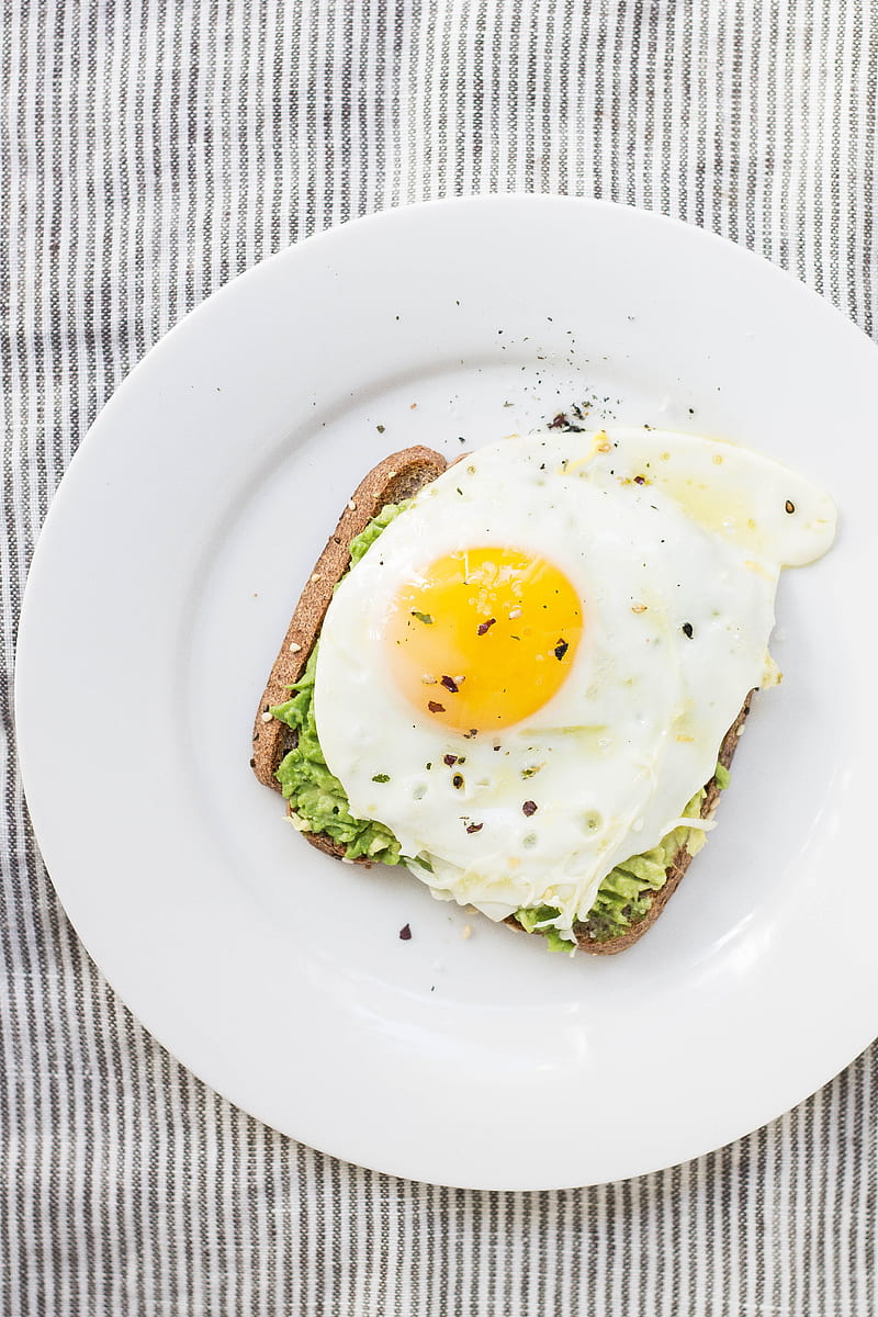 sunny side up egg, lettuce, bread on white ceramic plate, HD phone wallpaper