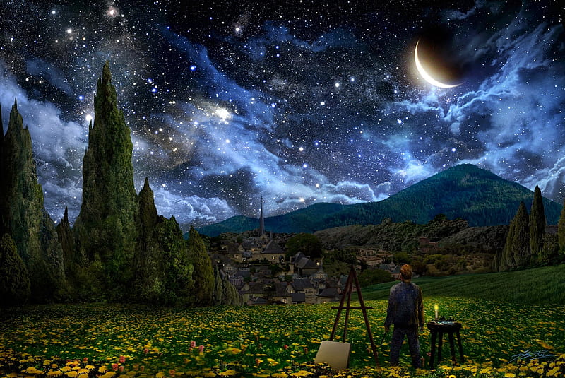 Starry Night, alex ruiz, art, fantasy, van gogh, HD wallpaper