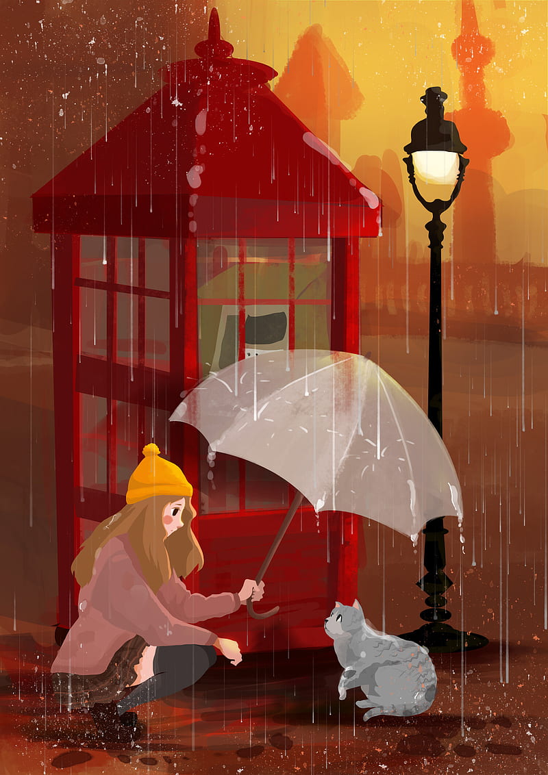 girl, cat, umbrella, rain, art, HD phone wallpaper