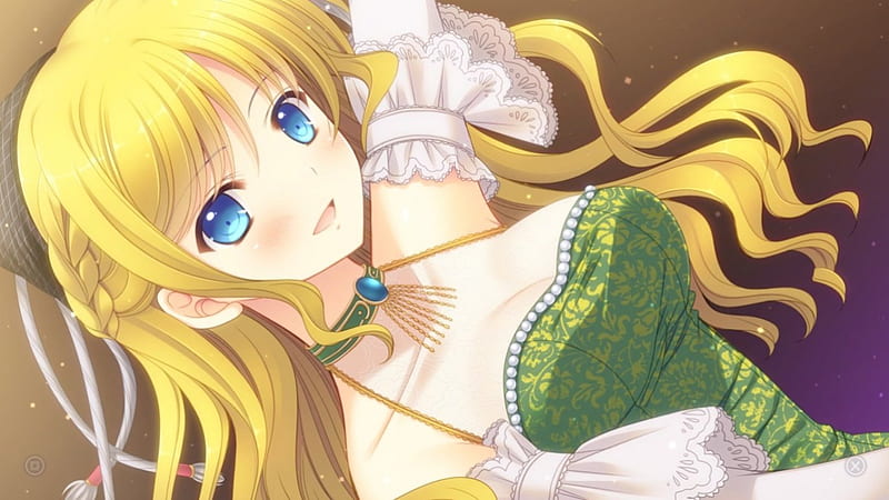 Maiden, pretty, cg, blush, adorable, sweet, nice, anime, beauty, anime girl, long hair, lovely, gown, blonde, smiling, happy, cute, blushing dress, blond, bonito, sublime, blue eyes, gorgeous, female, blonde hair, smile, blouse, kawaii, green yellow, girl, lady, angelic, HD wallpaper